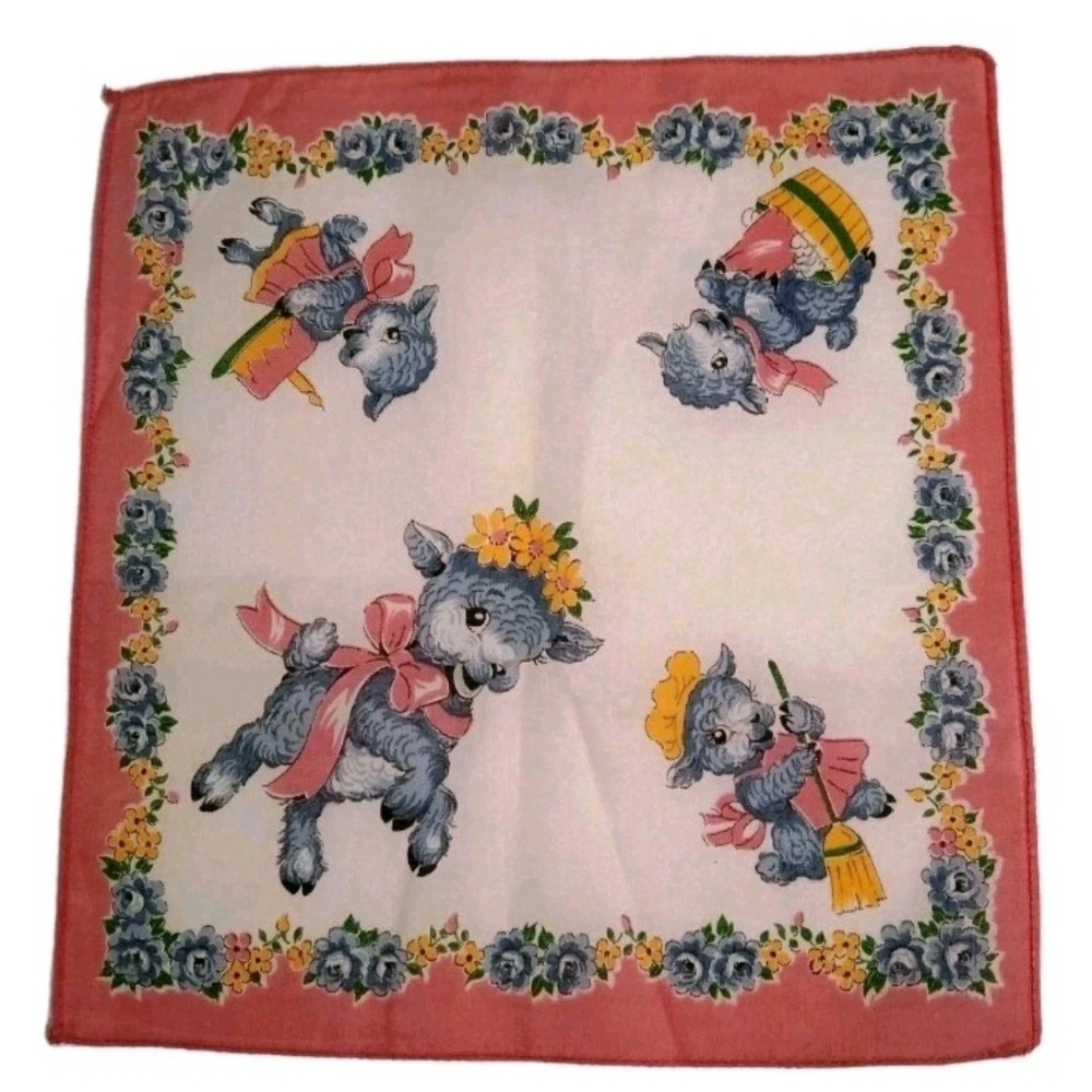 VTG Never Used New Crisp Blue Anthropomorphic Pink Trim White 50s-60s 9" Hanky
